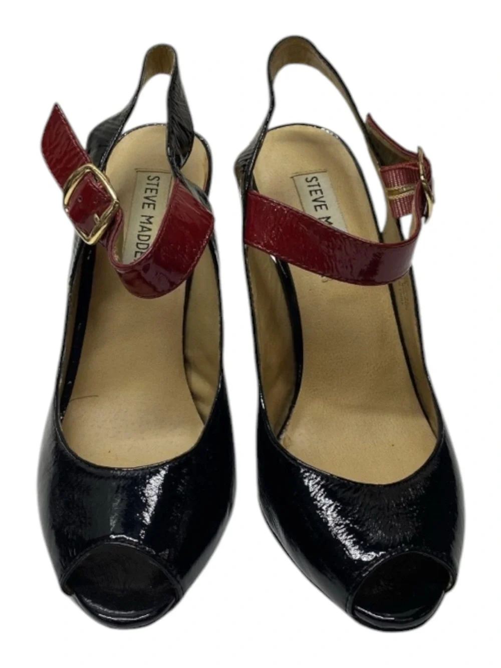 Steve Madden Black Patent Peep-Toe Heels with Burgundy Strap